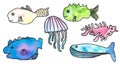 set of watercolor fantasy fishes, sea creatures Royalty Free Stock Photo