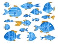 Set of watercolor fish for background, postcard, cover, wallpaper, flyer, banner. Hand drawn cute inhabitants of the sea Royalty Free Stock Photo