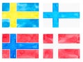 Set of Watercolor Flags. Countries: Denmark, Norway, Finland, Sweden
