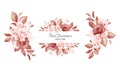 Set of watercolor floral arrangements of brown and peach roses and leaves. Botanic decoration illustration for wedding card, Royalty Free Stock Photo