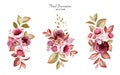 Set of watercolor floral arrangements of burgundy and peach roses and leaves. Botanic decoration illustration for wedding card, Royalty Free Stock Photo