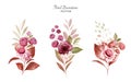 Set of watercolor floral arrangements of burgundy and peach roses and leaves. Botanic decoration illustration for wedding card, Royalty Free Stock Photo