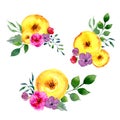 Set of watercolor floral arrangements. Collection of natural hand drawn prints with summer flowers and leaves