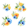 Set of watercolor floral arrangements. Collection of natural hand drawn prints with summer meadow flowers and herbs