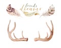 Set of watercolor floral boho antler print. western bohemian decoration. Hand drawn vintage deer horns with flowers Royalty Free Stock Photo