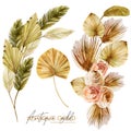 Set of watercolor floral bouquets of golden dried fan palm leaves, roses, pampas grass and exotic plants