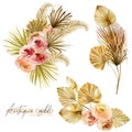 Set of watercolor floral bouquets of golden dried fan palm leaves, roses, pampas grass and exotic plants