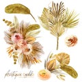 Set of watercolor floral bouquets of golden dried fan palm leaves, roses, pampas grass and exotic plants