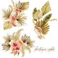 Set of watercolor floral bouquets of golden dried fan palm leaves, roses, pampas grass and exotic plants