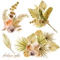 Set of watercolor floral bouquets of golden dried fan palm leaves, roses, pampas grass and exotic plants