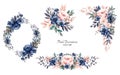 Set of watercolor floral frame bouquets of navy and peach roses and leaves. Botanic decoration illustration for wedding card, Royalty Free Stock Photo