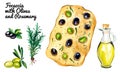 Set of watercolor focaccia with branch of rosemary and bottle of olive oil isolated on white background. Hand drawn illustration f Royalty Free Stock Photo