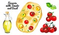 Set of watercolor focaccia with branch of tomato, basil and bottle of olive oil isolated on white background. Hand drawn illustrat
