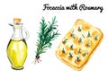 Set of watercolor focaccia with brunch of rosemary and bottle of olive oil isolated on white background. Hand drawn illustration f Royalty Free Stock Photo