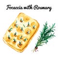 Set of watercolor focaccia with brunch of rosemary isolated on white background. Hand drawn illustration fo book, magazine, restau