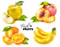 Set of Watercolor Fresh Fruits with Fine Dots Paper Texture.