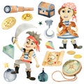 Set of watercolor funny pirates, pirate map, compass, coins, chest