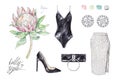 Set of watercolor garments and a protea flower isolated on white background. Handwork fashion draw. Hello my style