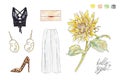 Set of watercolor garments and a sunflower isolated on white background. Handwork fashion draw for design