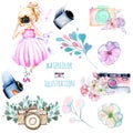 Set of watercolor Girl-photographer, retro cameras and floral elements