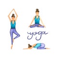 Set of watercolor girl in yoga poses. Hand drawn illustration is isolated on white. Meditation women