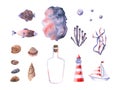 Set of watercolor glass bottle, lighthouse, seaweed, shells, fish, boat, bubbles, spot. Hand drawn illustration