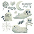 Set of Watercolor Halloween Elements. Halloween Painting style Vector