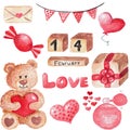 Set of watercolor hand drawn children illustration for Valentine`s day 2020 Royalty Free Stock Photo