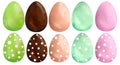 Set of watercolor hand drawn happy easter eggs of green brown chocolate orange pink mint color with polka dot ornament Royalty Free Stock Photo