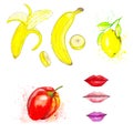 Set of watercolor hand drawn pictures. Yellow, ripe bananas, whole and polished. Also sliced banana. Lemon hanging on a