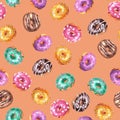 Set of watercolor hand drawn sketch illustration of colorful glazed donuts isolated on  peach pink color  background. Seamless Royalty Free Stock Photo