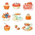 Set of watercolor hand painted cakes, cups of tea and sweets Royalty Free Stock Photo