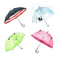 Set of watercolor hand painted cute umbrellas with kitten faces