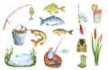 Set of watercolor hand painted fishes and fisherman in boat with rod. Pond with reeds, bucket of fish and fishing hook