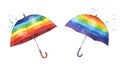 Set of watercolor hand painted rainbow colored umbrellas, LGBT pride symbols