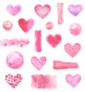 Set of watercolor heart symbols and brush strokes and round backgrounds on white