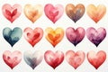 Set of watercolor hearts in different colors on white background. Hand drawn illustration Generative AI Generative AI Royalty Free Stock Photo