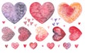 Set of watercolor hearts of different shapes and colors on a white background. Royalty Free Stock Photo