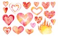 Set of watercolor hearts with fire on white background Royalty Free Stock Photo
