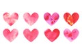 Set of watercolor hearts. Hand-drawn various red pink orange hearts isolated on white background. Wedding or Valentine s Royalty Free Stock Photo