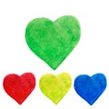 Watercolor hearts shape splashes, green, blue, yellow, red. Royalty Free Stock Photo