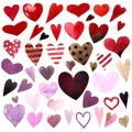 Set of watercolor hearts on white background. Hand draw Royalty Free Stock Photo