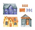 Set of watercolor houses and fences. Hand drawn illustrations are isolated on white. Cute vintage architecture Royalty Free Stock Photo