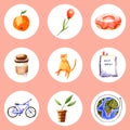 Set of watercolor icons. Hand painted trendy illustrations isolated on white circles. Collection of signs Royalty Free Stock Photo