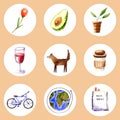 Set of watercolor icons. Hand painted trendy illustrations isolated on white circles. Collection of signs perfect for bloggers Royalty Free Stock Photo