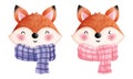 Set of watercolor illustration of a cute foxes with an colorful autumn scarves Royalty Free Stock Photo