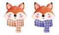 Set of watercolor illustration of a cute foxes with an vintage autumn scarves Royalty Free Stock Photo