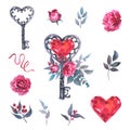 Set watercolor illustration with old vintage key heart shaped, heart diamond crystal and roses and other flowers Royalty Free Stock Photo