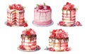 watercolor illustration, romantic desserts and sweet, wedding cake decorate with racing, berries, flowers and heart,