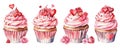 watercolor illustration, romantic desserts and sweets, cupcake decorated with pink cream, hearts and flowers, valentines day